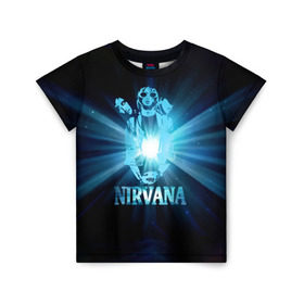 Детская футболка 3D с принтом Группа Nirvana в Новосибирске, 100% гипоаллергенный полиэфир | прямой крой, круглый вырез горловины, длина до линии бедер, чуть спущенное плечо, ткань немного тянется | kurt cobain | nirvana | вечная память | гитара | гранж | кумир | курт кобейн | лучи | микрофон | музыкант | надпись | нирвана | певец | рок | свет