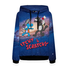 Женская толстовка 3D с принтом Itchy & Scratchy space в Новосибирске, 100% полиэстер  | двухслойный капюшон со шнурком для регулировки, мягкие манжеты на рукавах и по низу толстовки, спереди карман-кенгуру с мягким внутренним слоем. | simpsons | the itchy  scratchy | симпсоны | щекотка и царапка