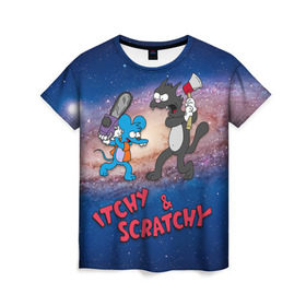 Женская футболка 3D с принтом Itchy & Scratchy space в Новосибирске, 100% полиэфир ( синтетическое хлопкоподобное полотно) | прямой крой, круглый вырез горловины, длина до линии бедер | simpsons | the itchy  scratchy | симпсоны | щекотка и царапка