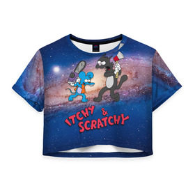 Женская футболка 3D укороченная с принтом Itchy & Scratchy space в Новосибирске, 100% полиэстер | круглая горловина, длина футболки до линии талии, рукава с отворотами | simpsons | the itchy  scratchy | симпсоны | щекотка и царапка