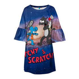 Детское платье 3D с принтом Itchy & Scratchy space в Новосибирске, 100% полиэстер | прямой силуэт, чуть расширенный к низу. Круглая горловина, на рукавах — воланы | simpsons | the itchy  scratchy | симпсоны | щекотка и царапка
