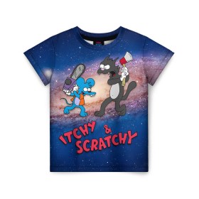 Детская футболка 3D с принтом Itchy & Scratchy space в Новосибирске, 100% гипоаллергенный полиэфир | прямой крой, круглый вырез горловины, длина до линии бедер, чуть спущенное плечо, ткань немного тянется | Тематика изображения на принте: simpsons | the itchy  scratchy | симпсоны | щекотка и царапка