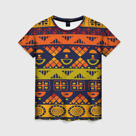 Женская футболка 3D с принтом Африканские символы в Новосибирске, 100% полиэфир ( синтетическое хлопкоподобное полотно) | прямой крой, круглый вырез горловины, длина до линии бедер | Тематика изображения на принте: africa | pattern | африка | африканские мотивы | народы африки | национальная одежда | переплетение нитей | ткани | узор | этнический узор