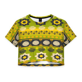 Женская футболка 3D укороченная с принтом Узорный орнамент в Новосибирске, 100% полиэстер | круглая горловина, длина футболки до линии талии, рукава с отворотами | africa | pattern | африка | африканские мотивы | народы африки | национальная одежда | переплетение нитей | ткани | узор | этнический узор