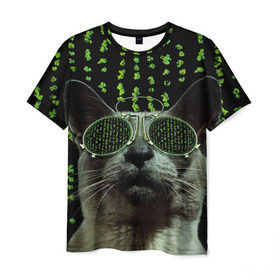 Мужская футболка 3D с принтом Кот в матрице в Новосибирске, 100% полиэфир | прямой крой, круглый вырез горловины, длина до линии бедер | кот | матрица | очки