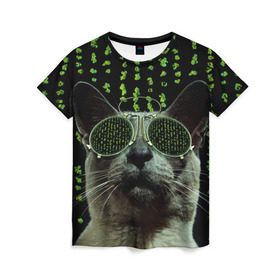 Женская футболка 3D с принтом Кот в матрице в Новосибирске, 100% полиэфир ( синтетическое хлопкоподобное полотно) | прямой крой, круглый вырез горловины, длина до линии бедер | кот | матрица | очки