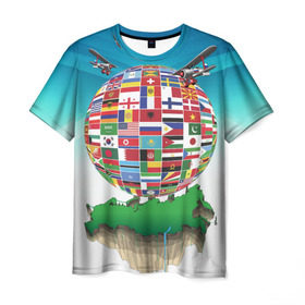 Мужская футболка 3D с принтом Флаги в Новосибирске, 100% полиэфир | прямой крой, круглый вырез горловины, длина до линии бедер | америка | казахстан | карта | россия | туризм | флаг | флаги | шар