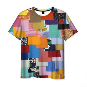 Мужская футболка 3D с принтом Цветные лоскуты в Новосибирске, 100% полиэфир | прямой крой, круглый вырез горловины, длина до линии бедер | color | spray | капли красок | лоскуты | одежда | радуга | разноцветные | цветные