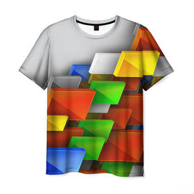 Мужская футболка 3D с принтом Абстрактные фигуры в Новосибирске, 100% полиэфир | прямой крой, круглый вырез горловины, длина до линии бедер | грань | краски | кубик | кубики | линии | мозаика | разноцветные кубы | ребро | текстура | тени | узор