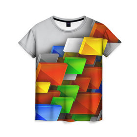 Женская футболка 3D с принтом Абстрактные фигуры в Новосибирске, 100% полиэфир ( синтетическое хлопкоподобное полотно) | прямой крой, круглый вырез горловины, длина до линии бедер | грань | краски | кубик | кубики | линии | мозаика | разноцветные кубы | ребро | текстура | тени | узор
