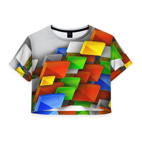 Женская футболка 3D укороченная с принтом Абстрактные фигуры в Новосибирске, 100% полиэстер | круглая горловина, длина футболки до линии талии, рукава с отворотами | грань | краски | кубик | кубики | линии | мозаика | разноцветные кубы | ребро | текстура | тени | узор
