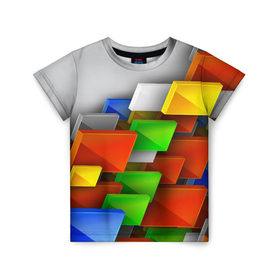 Детская футболка 3D с принтом Абстрактные фигуры в Новосибирске, 100% гипоаллергенный полиэфир | прямой крой, круглый вырез горловины, длина до линии бедер, чуть спущенное плечо, ткань немного тянется | грань | краски | кубик | кубики | линии | мозаика | разноцветные кубы | ребро | текстура | тени | узор