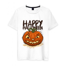 Мужская футболка хлопок с принтом happy halloween в Новосибирске, 100% хлопок | прямой крой, круглый вырез горловины, длина до линии бедер, слегка спущенное плечо. | 