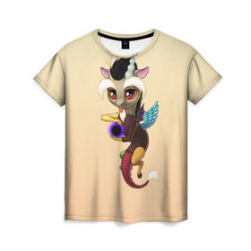 Женская футболка 3D с принтом Дискорд в Новосибирске, 100% полиэфир ( синтетическое хлопкоподобное полотно) | прямой крой, круглый вырез горловины, длина до линии бедер | chaos | chibi | discord | draconequus | dragon | mlp | pony | дискорд | дракон | драконикус | пони | хаос | чиби