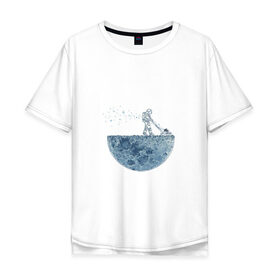 Мужская футболка хлопок Oversize с принтом Стрижет луну в Новосибирске, 100% хлопок | свободный крой, круглый ворот, “спинка” длиннее передней части | газонокосилка | звезды | космонавт | космос | луна | луны | поверхность | пузыри | рисунок | скафандр | фантастика