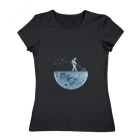 Женская футболка хлопок с принтом Стрижет луну в Новосибирске, 100% хлопок | прямой крой, круглый вырез горловины, длина до линии бедер, слегка спущенное плечо | газонокосилка | звезды | космонавт | космос | луна | луны | поверхность | пузыри | рисунок | скафандр | фантастика