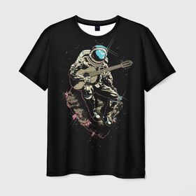 Мужская футболка 3D с принтом Космонавт с гитарой в Новосибирске, 100% полиэфир | прямой крой, круглый вырез горловины, длина до линии бедер | гитара | звезды | земля | космонавт | космос | рок | сфера
