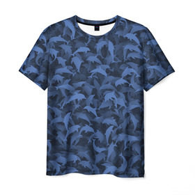 Мужская футболка 3D с принтом Камуфляж с дельфинами в Новосибирске, 100% полиэфир | прямой крой, круглый вырез горловины, длина до линии бедер | вода | дельфин | дельфины | милитари | море | океан | паттерн | синий | текстура | черное