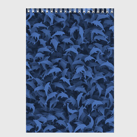 Скетчбук с принтом Камуфляж с дельфинами в Новосибирске, 100% бумага
 | 48 листов, плотность листов — 100 г/м2, плотность картонной обложки — 250 г/м2. Листы скреплены сверху удобной пружинной спиралью | Тематика изображения на принте: вода | дельфин | дельфины | милитари | море | океан | паттерн | синий | текстура | черное