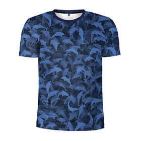 Мужская футболка 3D спортивная с принтом Камуфляж с дельфинами в Новосибирске, 100% полиэстер с улучшенными характеристиками | приталенный силуэт, круглая горловина, широкие плечи, сужается к линии бедра | Тематика изображения на принте: вода | дельфин | дельфины | милитари | море | океан | паттерн | синий | текстура | черное