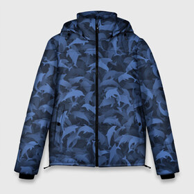 Мужская зимняя куртка 3D с принтом Камуфляж с дельфинами в Новосибирске, верх — 100% полиэстер; подкладка — 100% полиэстер; утеплитель — 100% полиэстер | длина ниже бедра, свободный силуэт Оверсайз. Есть воротник-стойка, отстегивающийся капюшон и ветрозащитная планка. 

Боковые карманы с листочкой на кнопках и внутренний карман на молнии. | Тематика изображения на принте: вода | дельфин | дельфины | милитари | море | океан | паттерн | синий | текстура | черное