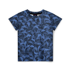 Детская футболка 3D с принтом Камуфляж с дельфинами в Новосибирске, 100% гипоаллергенный полиэфир | прямой крой, круглый вырез горловины, длина до линии бедер, чуть спущенное плечо, ткань немного тянется | вода | дельфин | дельфины | милитари | море | океан | паттерн | синий | текстура | черное