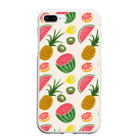 Чехол для iPhone 7Plus/8 Plus матовый с принтом Тропический рай в Новосибирске, Силикон | Область печати: задняя сторона чехла, без боковых панелей | Тематика изображения на принте: ананас | арбуз | киви | лимон | манго | паттерн | тропики | фрукты