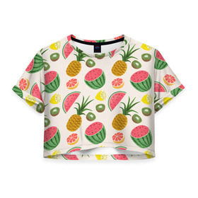 Женская футболка 3D укороченная с принтом Тропический рай в Новосибирске, 100% полиэстер | круглая горловина, длина футболки до линии талии, рукава с отворотами | ананас | арбуз | киви | лимон | манго | паттерн | тропики | фрукты