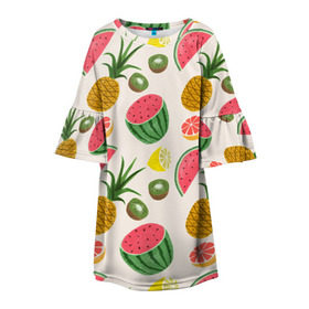 Детское платье 3D с принтом Тропический рай в Новосибирске, 100% полиэстер | прямой силуэт, чуть расширенный к низу. Круглая горловина, на рукавах — воланы | ананас | арбуз | киви | лимон | манго | паттерн | тропики | фрукты