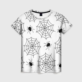 Женская футболка 3D с принтом Паутинка в Новосибирске, 100% полиэфир ( синтетическое хлопкоподобное полотно) | прямой крой, круглый вырез горловины, длина до линии бедер | белый | паук | паутина | узор | хэллоуин | черный
