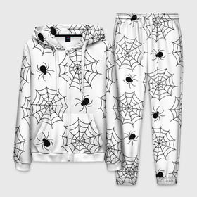 Мужской костюм 3D с принтом Паутинка в Новосибирске, 100% полиэстер | Манжеты и пояс оформлены тканевой резинкой, двухслойный капюшон со шнурком для регулировки, карманы спереди | белый | паук | паутина | узор | хэллоуин | черный