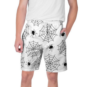 Мужские шорты 3D с принтом Паутинка в Новосибирске,  полиэстер 100% | прямой крой, два кармана без застежек по бокам. Мягкая трикотажная резинка на поясе, внутри которой широкие завязки. Длина чуть выше колен | белый | паук | паутина | узор | хэллоуин | черный