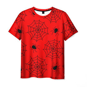 Мужская футболка 3D с принтом Happy Halloween в Новосибирске, 100% полиэфир | прямой крой, круглый вырез горловины, длина до линии бедер | Тематика изображения на принте: белый | паук | паутина | узор | хэллоуин | черный