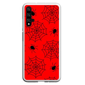 Чехол для Honor 20 с принтом Happy Halloween в Новосибирске, Силикон | Область печати: задняя сторона чехла, без боковых панелей | Тематика изображения на принте: белый | паук | паутина | узор | хэллоуин | черный