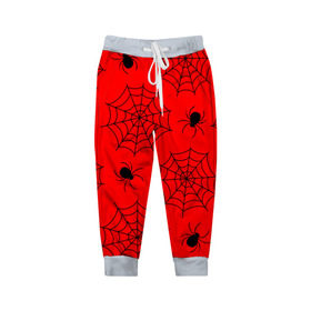 Детские брюки 3D с принтом Happy Halloween в Новосибирске, 100% полиэстер | манжеты по низу, эластичный пояс регулируется шнурком, по бокам два кармана без застежек, внутренняя часть кармана из мелкой сетки | белый | паук | паутина | узор | хэллоуин | черный