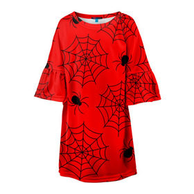Детское платье 3D с принтом Happy Halloween в Новосибирске, 100% полиэстер | прямой силуэт, чуть расширенный к низу. Круглая горловина, на рукавах — воланы | Тематика изображения на принте: белый | паук | паутина | узор | хэллоуин | черный