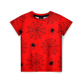Детская футболка 3D с принтом Happy Halloween в Новосибирске, 100% гипоаллергенный полиэфир | прямой крой, круглый вырез горловины, длина до линии бедер, чуть спущенное плечо, ткань немного тянется | белый | паук | паутина | узор | хэллоуин | черный