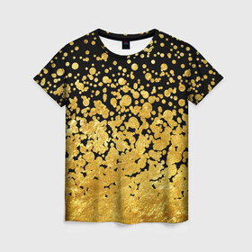 Женская футболка 3D с принтом Золотой в Новосибирске, 100% полиэфир ( синтетическое хлопкоподобное полотно) | прямой крой, круглый вырез горловины, длина до линии бедер | блеск | блестки | желтый | круги | перетекание | россыпь | черный