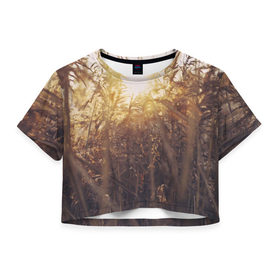 Женская футболка 3D укороченная с принтом Солнце во ржи в Новосибирске, 100% полиэстер | круглая горловина, длина футболки до линии талии, рукава с отворотами | восход | закат | лучи | поле | природа | растения | рож | солнце | тепло