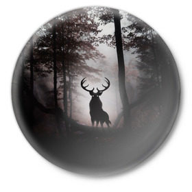 Значок с принтом Лес / Олень в тумане в Новосибирске,  металл | круглая форма, металлическая застежка в виде булавки | Тематика изображения на принте: абстракция | арт | глаза | девушка | деревья | животное | животные | лес | листья | лучшие | ночь | олень | пейзаж | природа | туман | хеллоуин