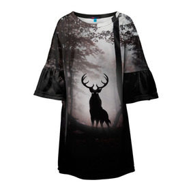 Детское платье 3D с принтом Лес / Олень в тумане в Новосибирске, 100% полиэстер | прямой силуэт, чуть расширенный к низу. Круглая горловина, на рукавах — воланы | абстракция | арт | глаза | девушка | деревья | животное | животные | лес | листья | лучшие | ночь | олень | пейзаж | природа | туман | хеллоуин