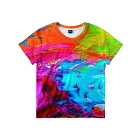 Детская футболка 3D с принтом Tie-dye в Новосибирске, 100% гипоаллергенный полиэфир | прямой крой, круглый вырез горловины, длина до линии бедер, чуть спущенное плечо, ткань немного тянется | Тематика изображения на принте: abstraction | color | spray | tie dye | абстракция | акварель | живопись | искусство | краски | текстуры | цветные краски | яркие цвета