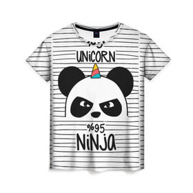 Женская футболка 3D с принтом 5% Единорог 95% Ниндзя в Новосибирске, 100% полиэфир ( синтетическое хлопкоподобное полотно) | прямой крой, круглый вырез горловины, длина до линии бедер | Тематика изображения на принте: animals | ninja | panda | rainbow | stripes | единорог | животные | зверь | линии | ниндзя | панда | полосы | радуга | самурай