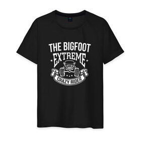 Мужская футболка хлопок с принтом Bigfoot Crazy Black в Новосибирске, 100% хлопок | прямой крой, круглый вырез горловины, длина до линии бедер, слегка спущенное плечо. | Тематика изображения на принте: bigfoot | автомобили | надпись | спорт