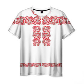 Мужская футболка 3D с принтом Вышиванка в Новосибирске, 100% полиэфир | прямой крой, круглый вырез горловины, длина до линии бедер | белорусская | вышиванка | древнерусская | к празднику | косоворотка | красные | масленица | национальная одежда | патриотическая | рубаха | русская | узоры | украинская