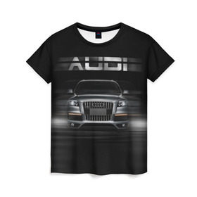 Женская футболка 3D с принтом Audi Q7 скорость в Новосибирске, 100% полиэфир ( синтетическое хлопкоподобное полотно) | прямой крой, круглый вырез горловины, длина до линии бедер | audi | авто | автомобиль | ауди | кольца | красивая | кроссовер | крутая | марка | машина | надпись | немецкая иномарка | прикольная | тачка | черная | эмблема