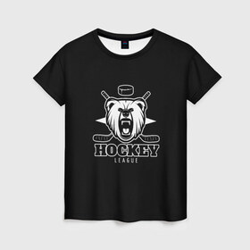 Женская футболка 3D с принтом Bear hockey в Новосибирске, 100% полиэфир ( синтетическое хлопкоподобное полотно) | прямой крой, круглый вырез горловины, длина до линии бедер | bandy | hockey | клюшка | коньки | лед | спорт | хоккей