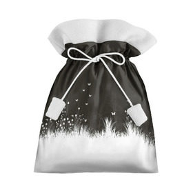 Подарочный 3D мешок с принтом Ночная полянка в Новосибирске, 100% полиэстер | Размер: 29*39 см | бабочки | белый | кусты | ночь | цветы | чб | черно белое | черный