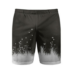 Мужские шорты 3D спортивные с принтом Ночная полянка в Новосибирске,  |  | Тематика изображения на принте: бабочки | белый | кусты | ночь | цветы | чб | черно белое | черный