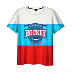 Мужская футболка 3D с принтом Hockey Russia в Новосибирске, 100% полиэфир | прямой крой, круглый вырез горловины, длина до линии бедер | bandy | hockey | клюшка | коньки | лед | россия | русский хоккей | спорт | хоккей